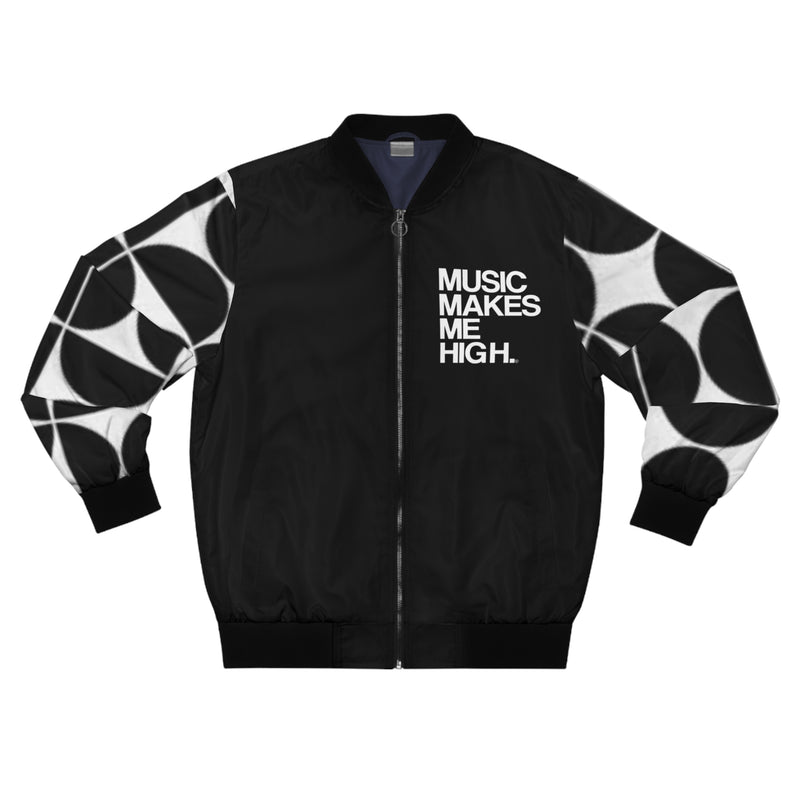 MMMH Unisex Bomber Jacket: Black Geo/Black | White