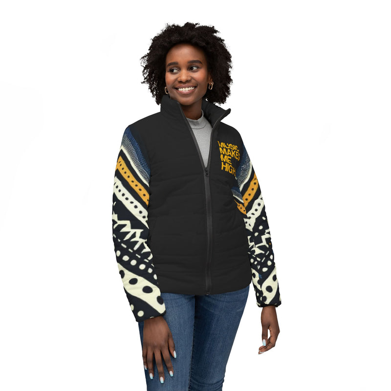 MMMH Women’s Puffer Jacket: Black Abstract/Black | Yellow