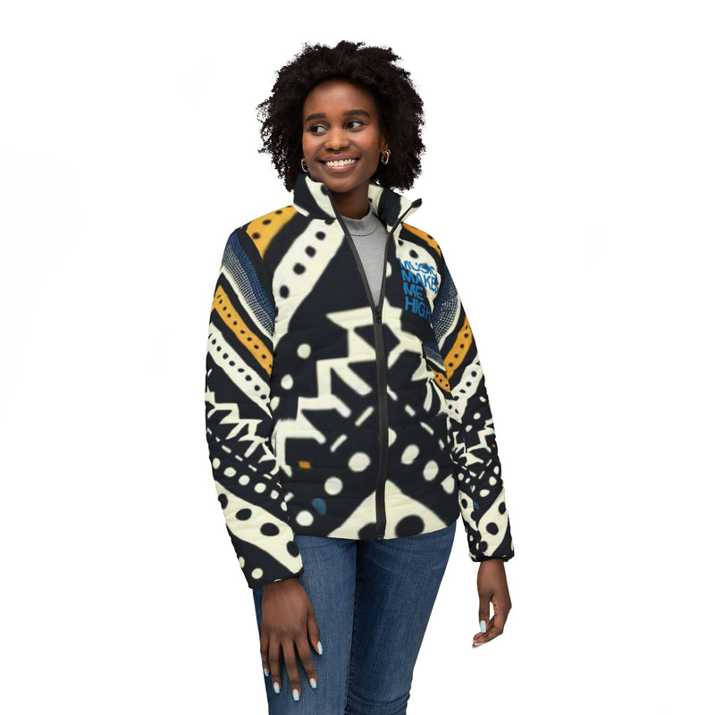 MMMH Women’s Puffer Jacket: Black Abstract | Blue