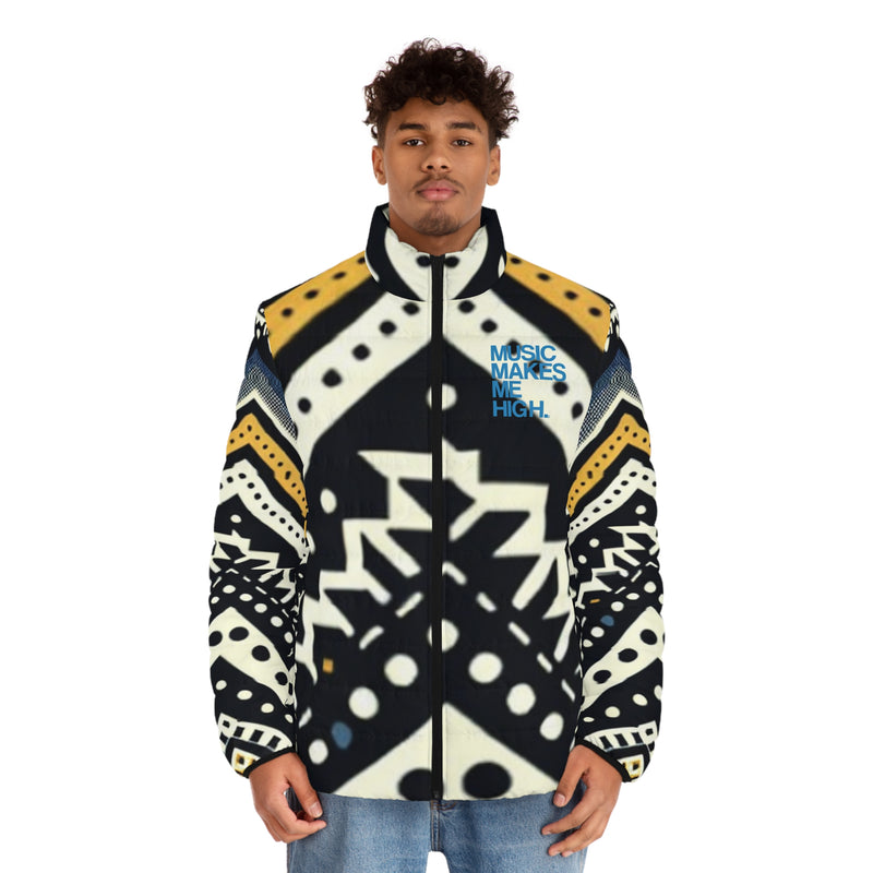 MMMH Men's Puffer Jacket: Black Abstract | Blue