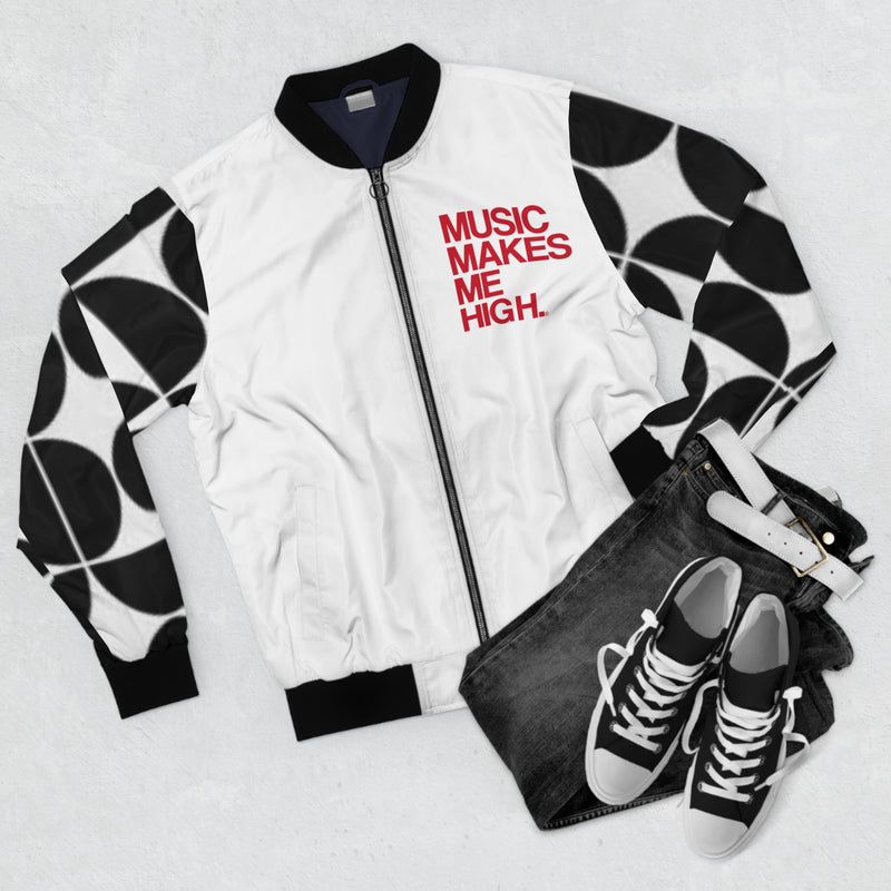 MMMH Unisex Bomber Jacket: Black Geo/White | Red