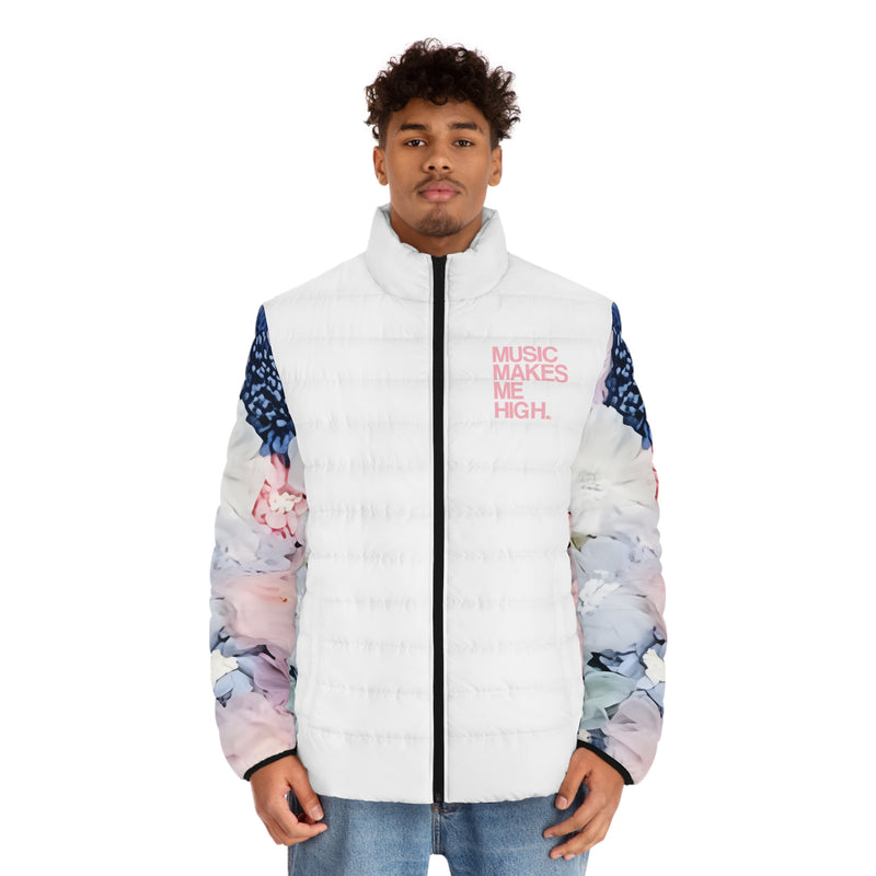 MMMH Men's Puffer Jacket: Flowers/White | Light Pink