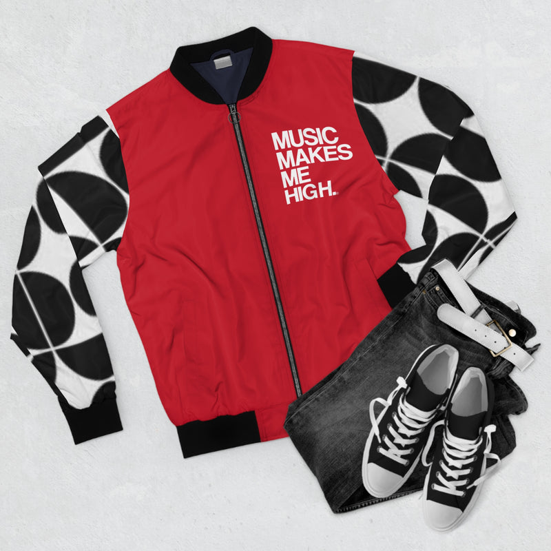 MMMH Unisex Bomber Jacket: Black Geo/Red | White