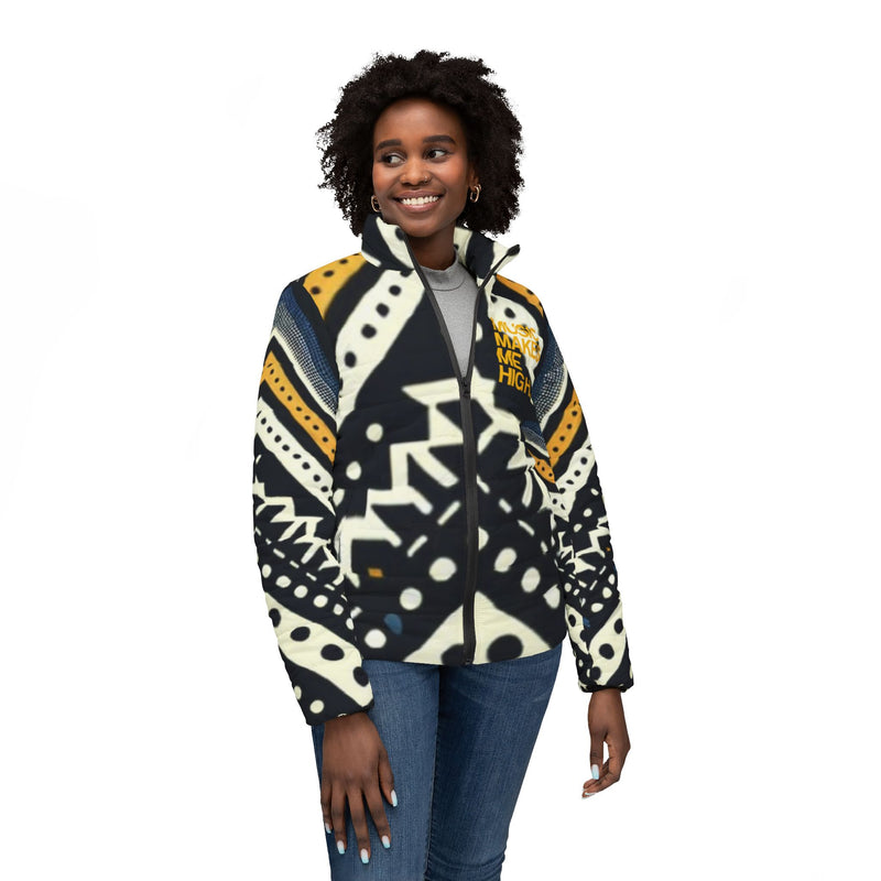 MMMH Women’s Puffer Jacket: Black Abstract | Yellow