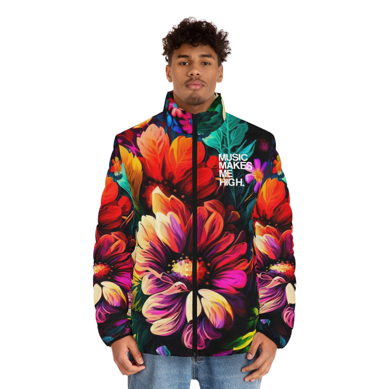 MMMH Men's Puffer Jacket: Floral | White