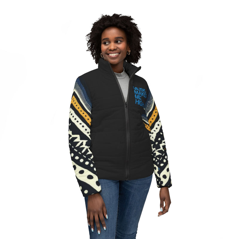 MMMH Women’s Puffer Jacket: Black Abstract/Black | Blue