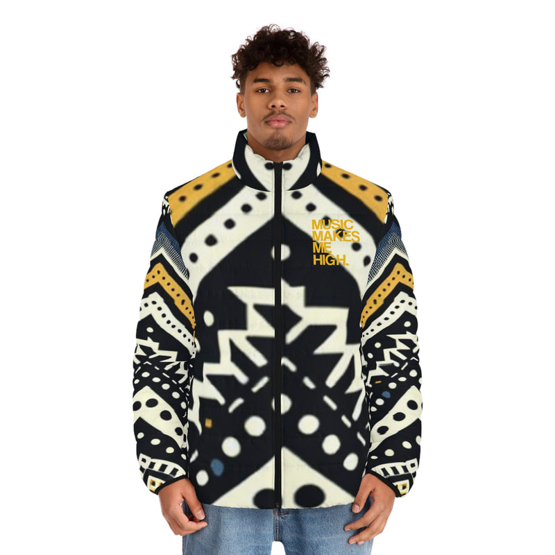 MMMH Men's Puffer Jacket: Black Abstract | Yellow